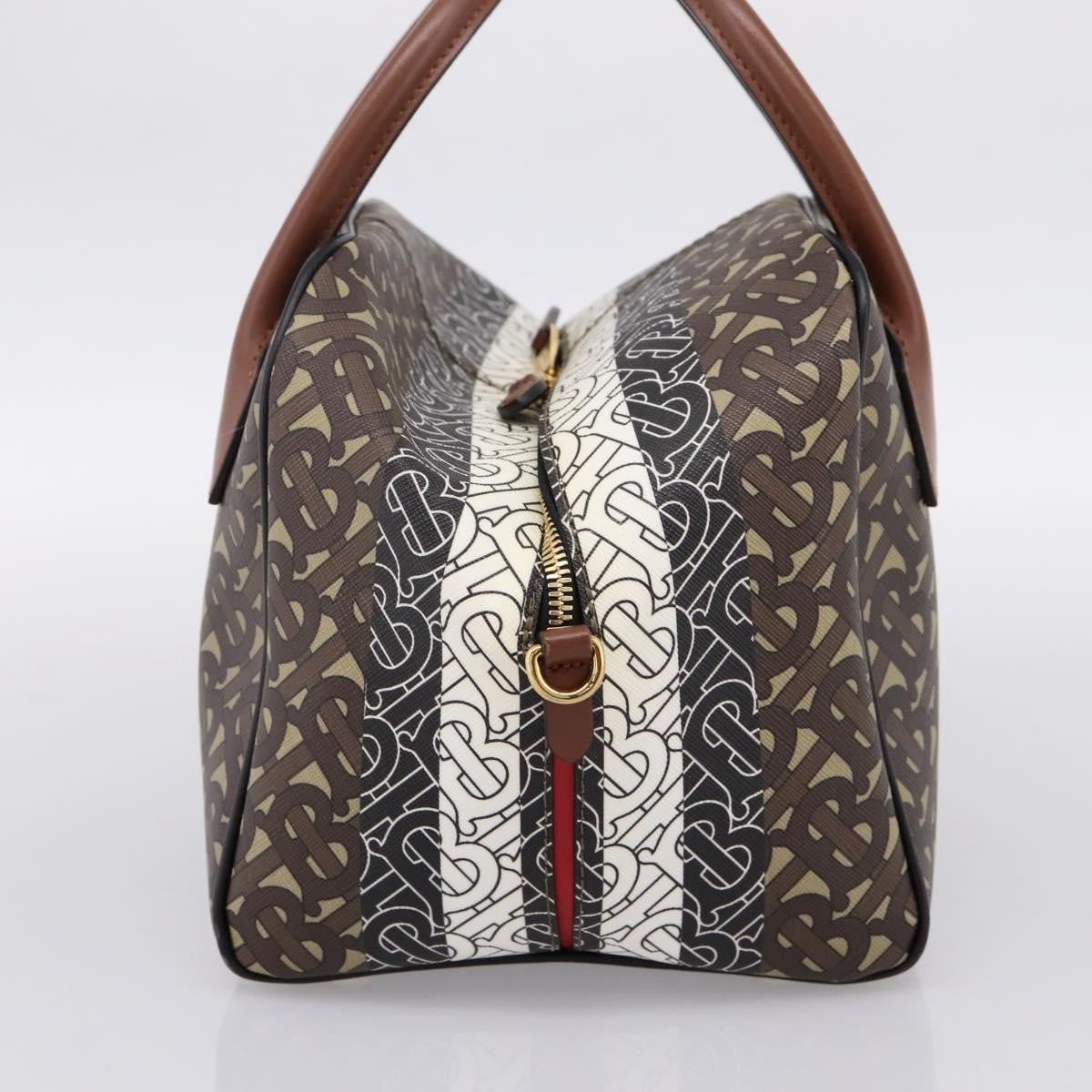 Burberry TB Half Cube Duffle Monogram Embossed Leather, Brown, Canvas, Handbag