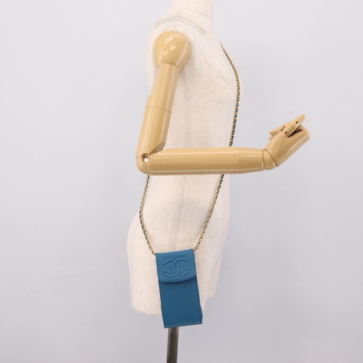 Chanel Vintage CC Phone Holder Caviar, Blue, Leather, Clutch