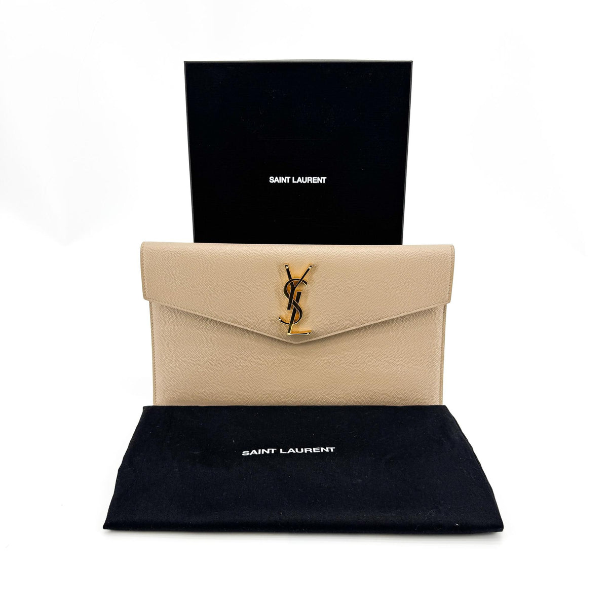 Saint Laurent Uptown Pouch Leather, Beige, Leather, Clutch