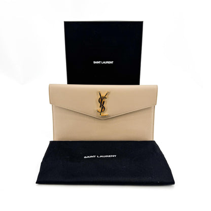 Saint Laurent Uptown Pouch Leather, Beige, Leather, Clutch