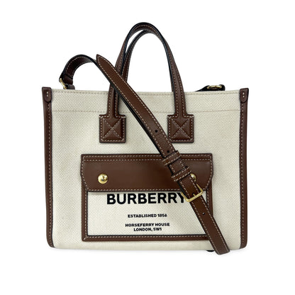 Burberry Freya Shopping Tote Canvas with Leather, Beige, Canvas, Tote Bag