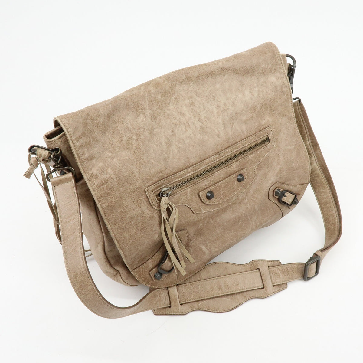 Balenciaga Classic Studs Folk Messenger Leather, Brown, Leather, Crossbody Bag
