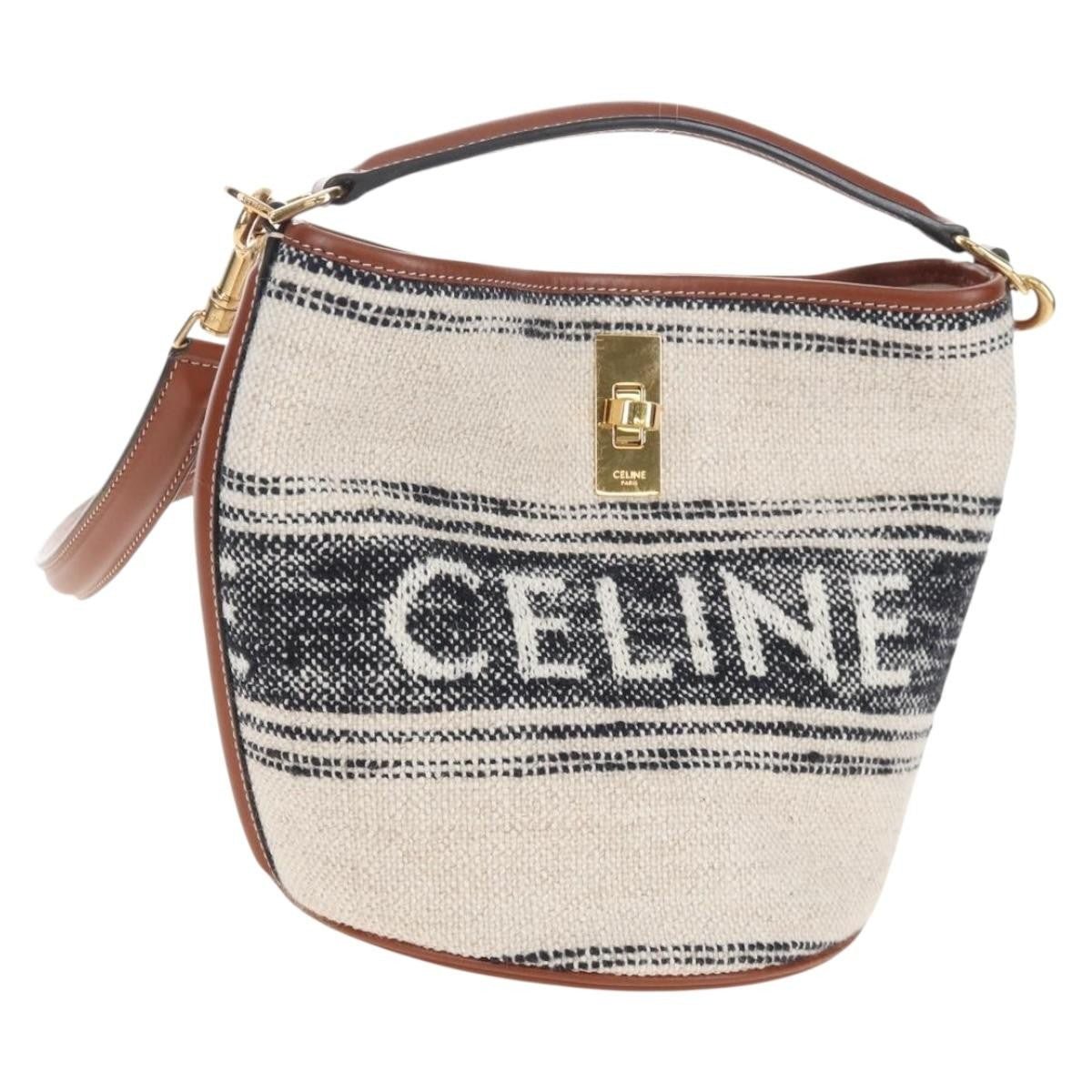 Celine Bucket 16 Raffia, Beige, Canvas, Handbag