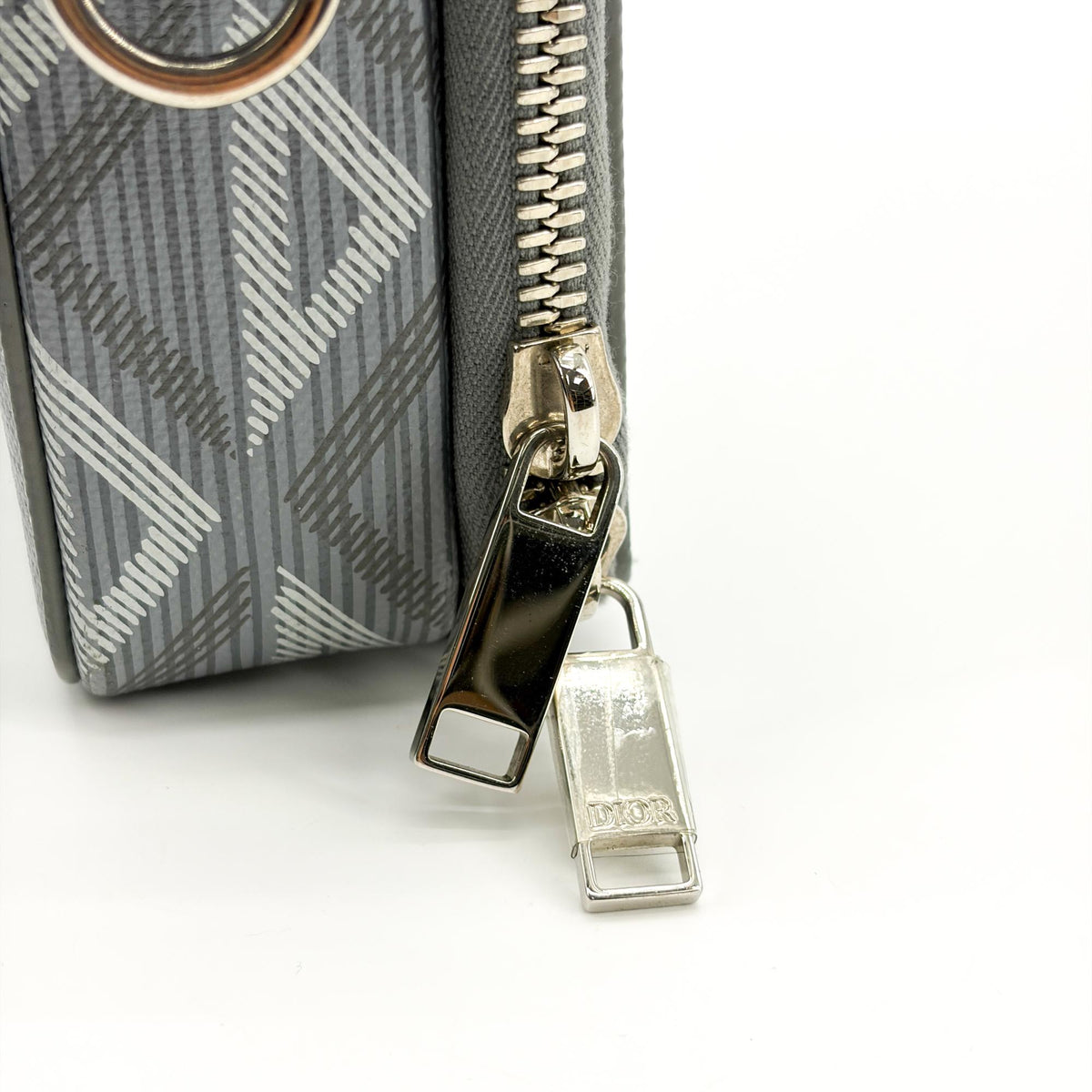 Christian Dior Double Zip CD Diamond Coated Canvas, Gray, Canvas, Crossbody Bag
