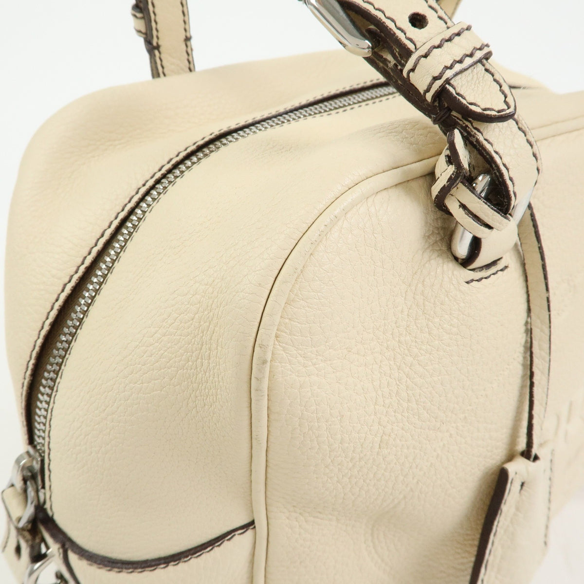 Prada Embossed Logo Bauletto Vitello Daino, Beige, Leather, Handbag