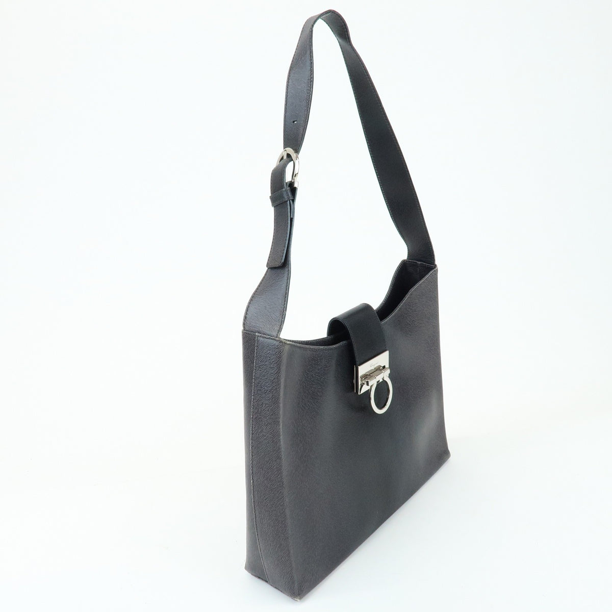 Salvatore Ferragamo Gancio Flap Hobo Leather, Black, Leather, Shoulder Bag