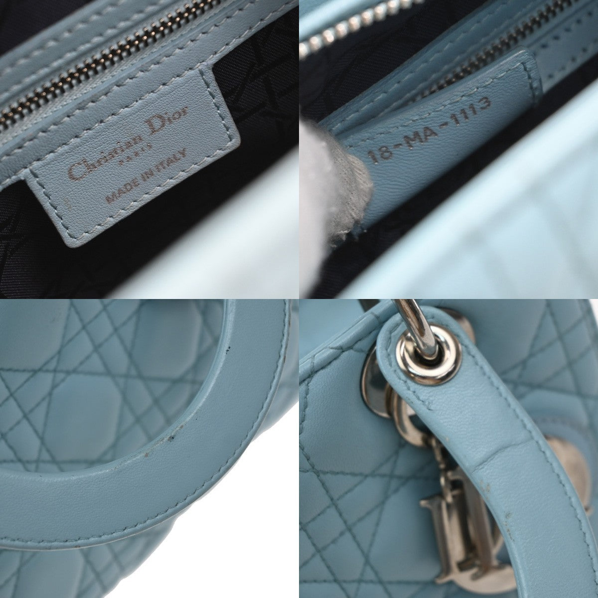 Christian Dior Lady Dior Cannage Quilt Lambskin, Blue, Leather, Handbag