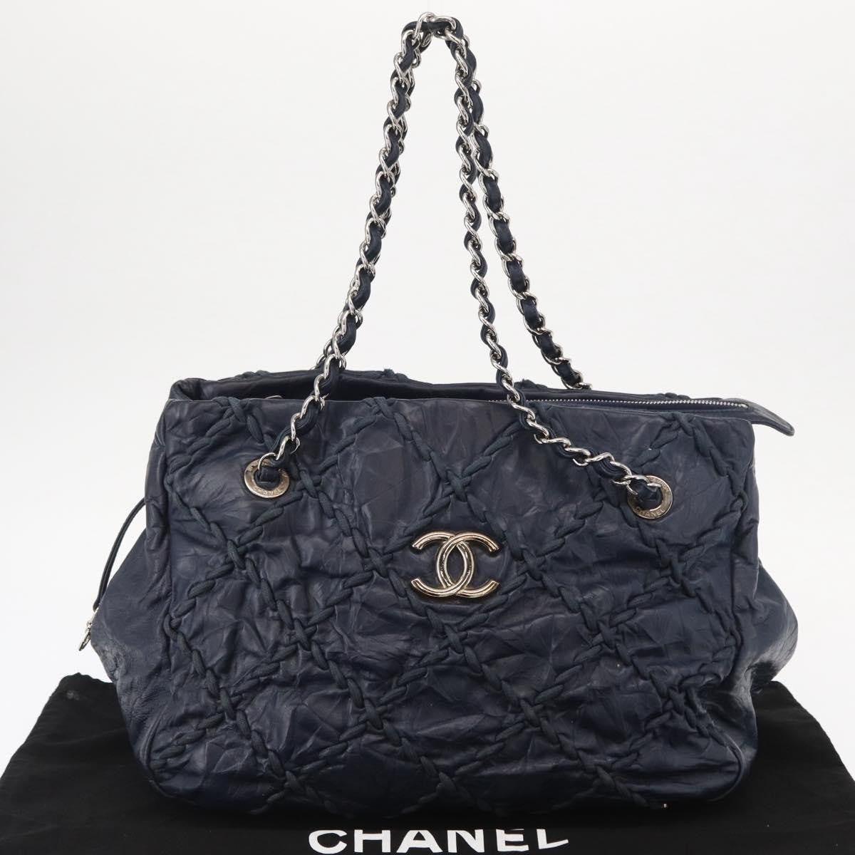 Chanel Ultra Stitch Chain Tote Quilted Calfskin, Navy, Leather, Tote Bag
