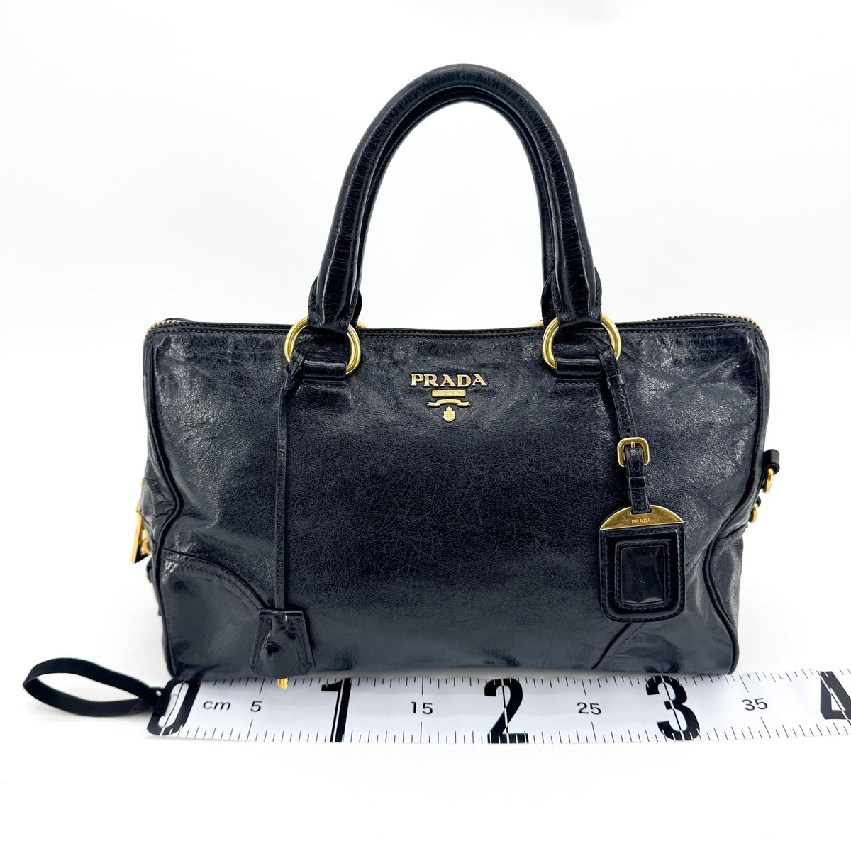 Prada Convertible Boston Vitello Shine, Black, Leather, Handbag