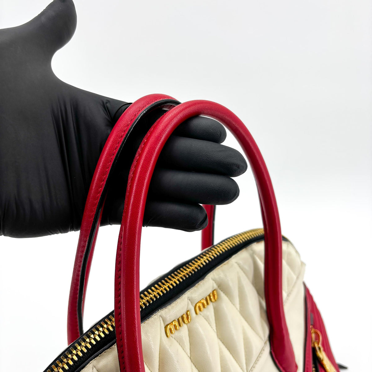 Miu Miu Biker Convertible Dome Satchel Quilted Leather, Red, Leather, Handbag