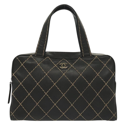 Chanel Surpique Boston Bag Quilted Leather, BLACK, LEATHER, Travel bag