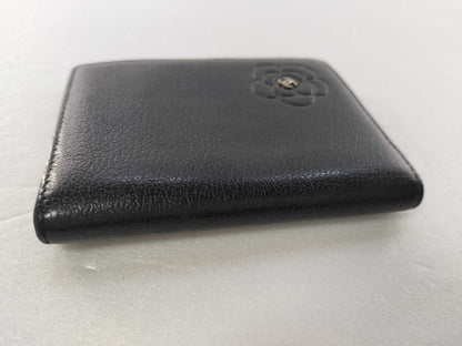 Chanel Camellia Card Case Studded Camellia Lambskin, Black, Calfskin, Card Holder