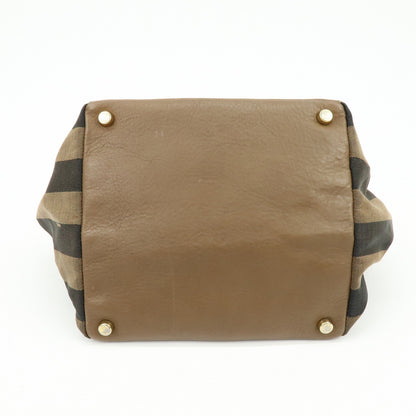 Fendi Boxy Leather with Pequin Canvas, Brown, Leather, Tote Bag