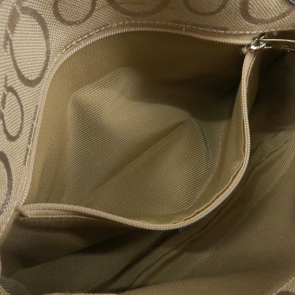 Salvatore Ferragamo Gancini Handle Leather, Beige, Canvas, Tote Bag