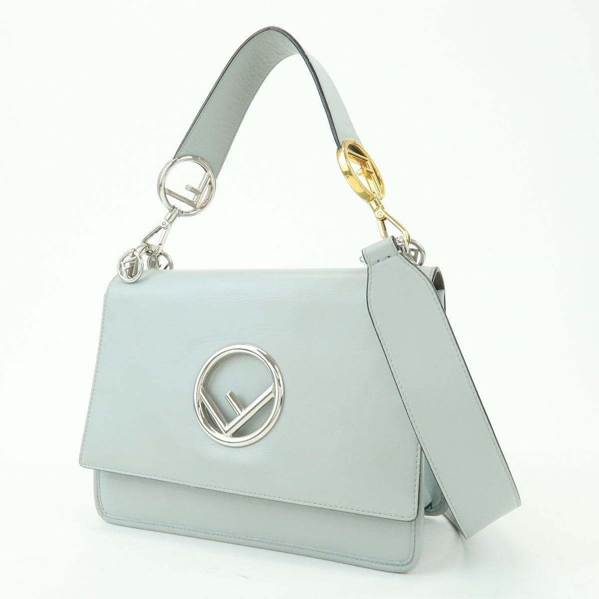 Fendi Kan I F Leather, Gray, Leather, Shoulder Bag