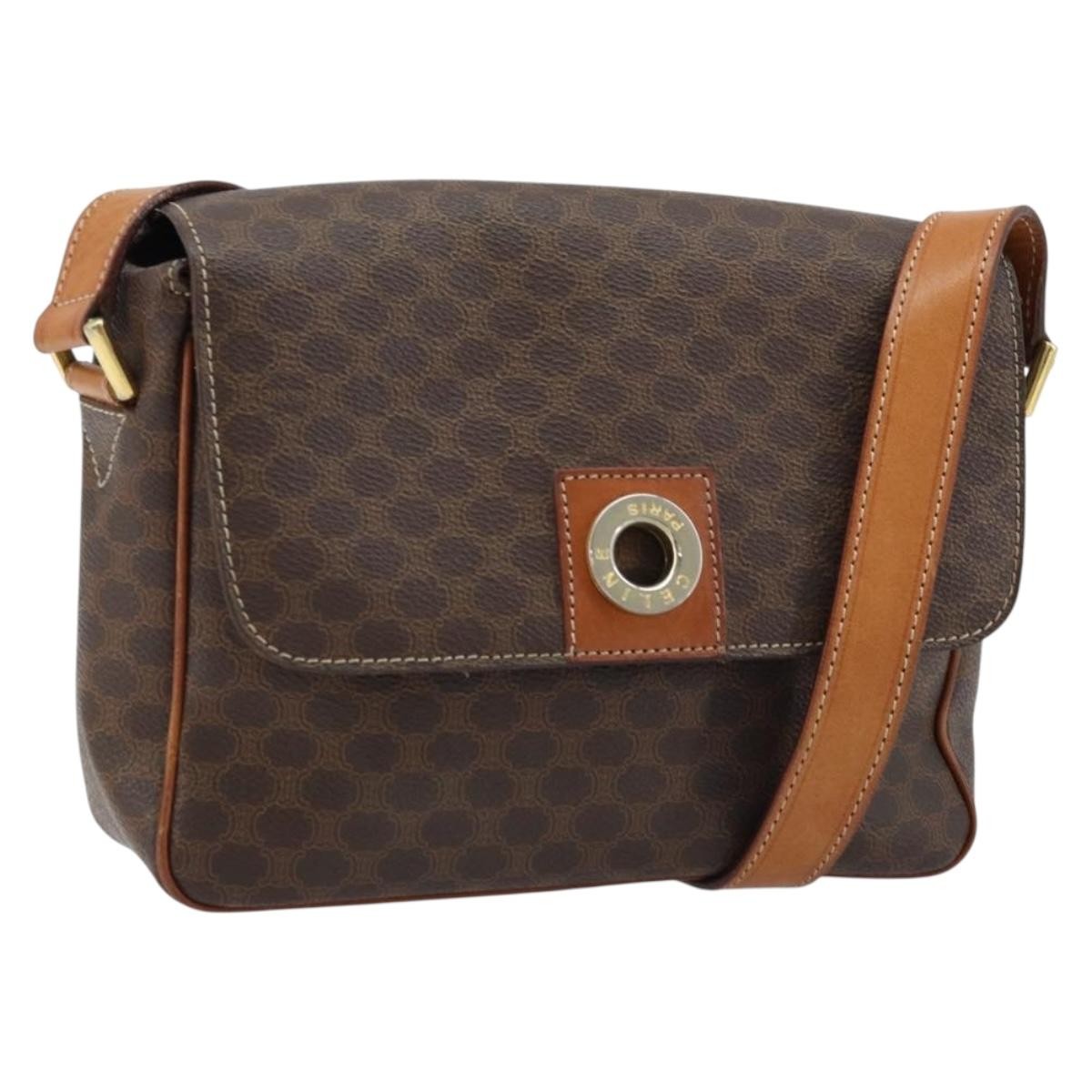 Celine Vintage Macadam Circle Logo Canvas and Leather, Brown, Canvas, Shoulder Bag