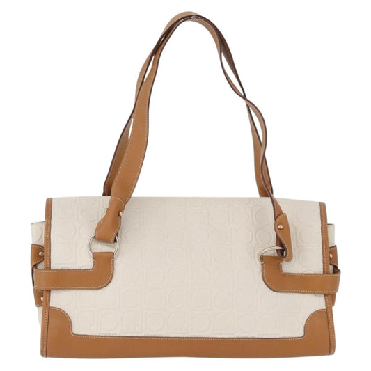 Salvatore Ferragamo Gancini Top Handle Canvas, White, PVC, Handbag