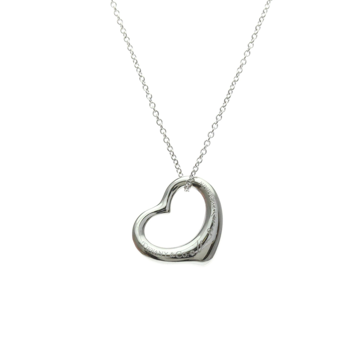 Tiffany & Co. Elsa Peretti Open Heart 5 Diamonds Pendant Platinum and Diamonds, Silver, Platinum, Necklace