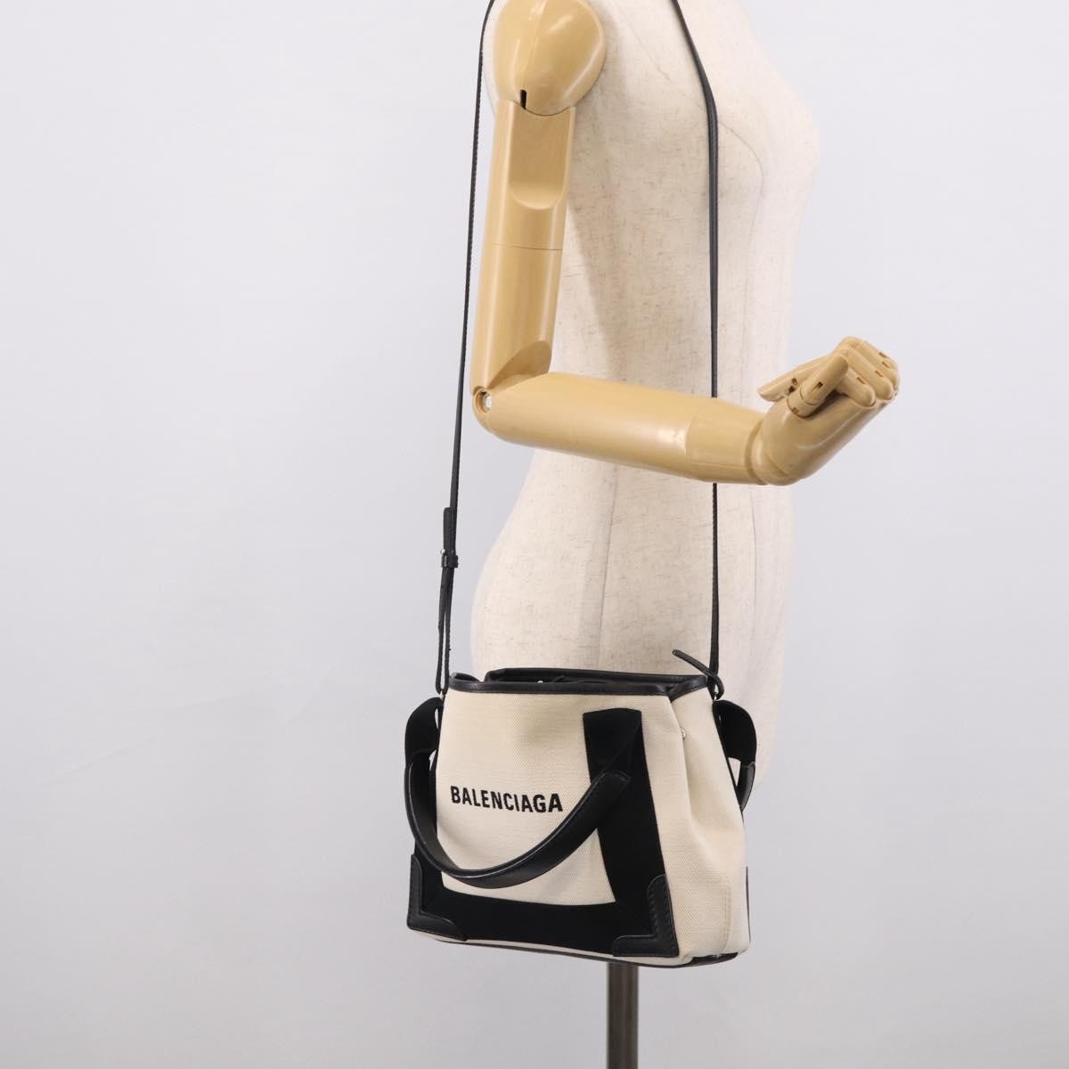 Balenciaga Navy Cabas Canvas with Leather, White, Canvas, Tote Bag