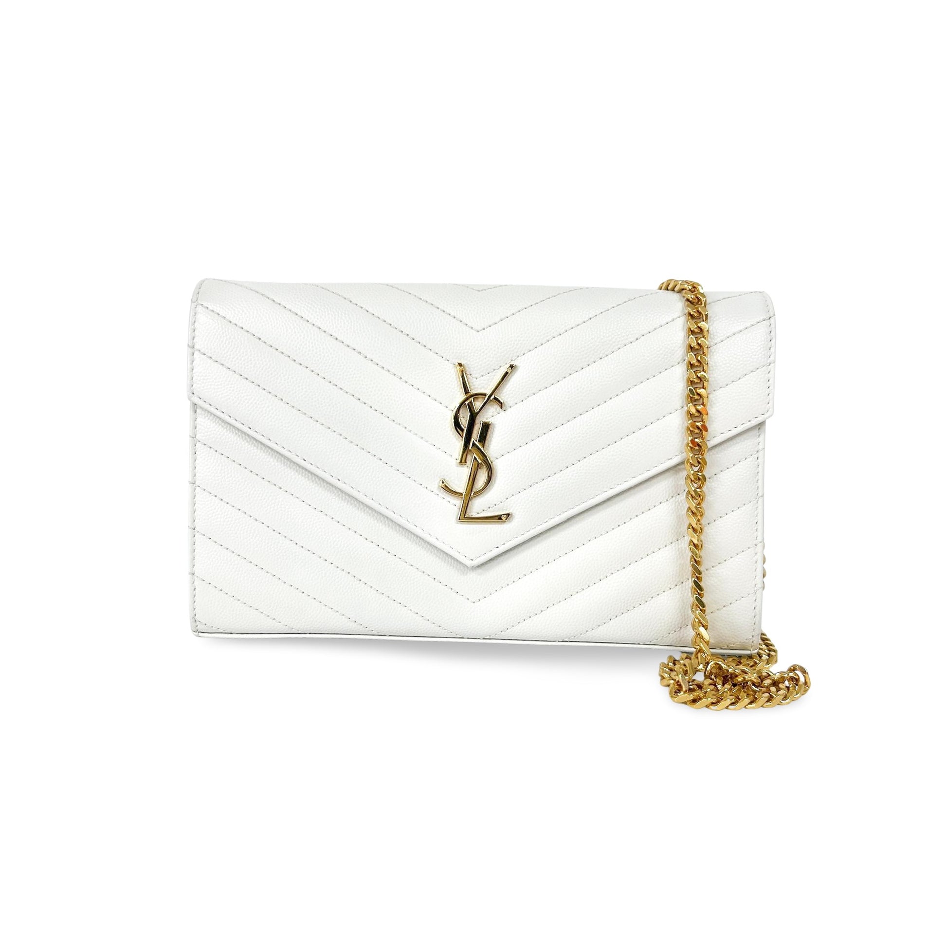 Saint Laurent Classic Monogram Flap Wallet Matelasse Chevron Leather, White, Leather, Wallet