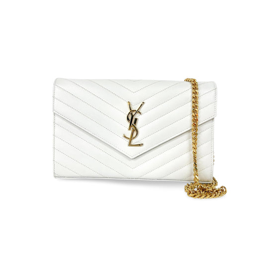 Saint Laurent Classic Monogram Flap Wallet Matelasse Chevron Leather, White, Leather, Wallet