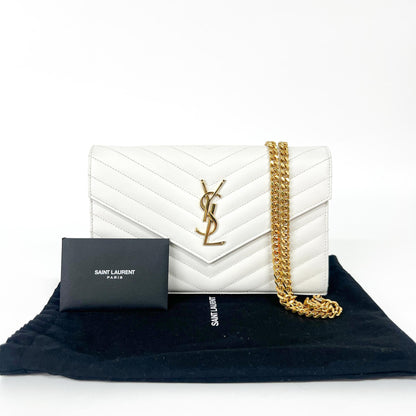 Saint Laurent Classic Monogram Flap Wallet Matelasse Chevron Leather, White, Leather, Wallet