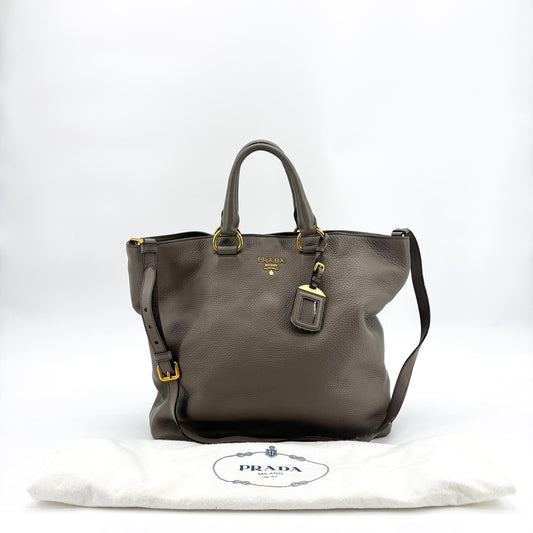 Prada Lux Pleated Convertible Satchel Cervo Leather, Gray, Leather, Handbag