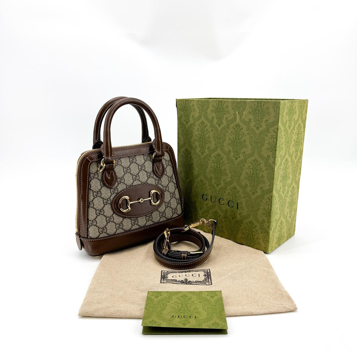 Gucci Horsebit 1955 Top Handle GG Coated Canvas with Leather, Brown, Canvas, Handbag