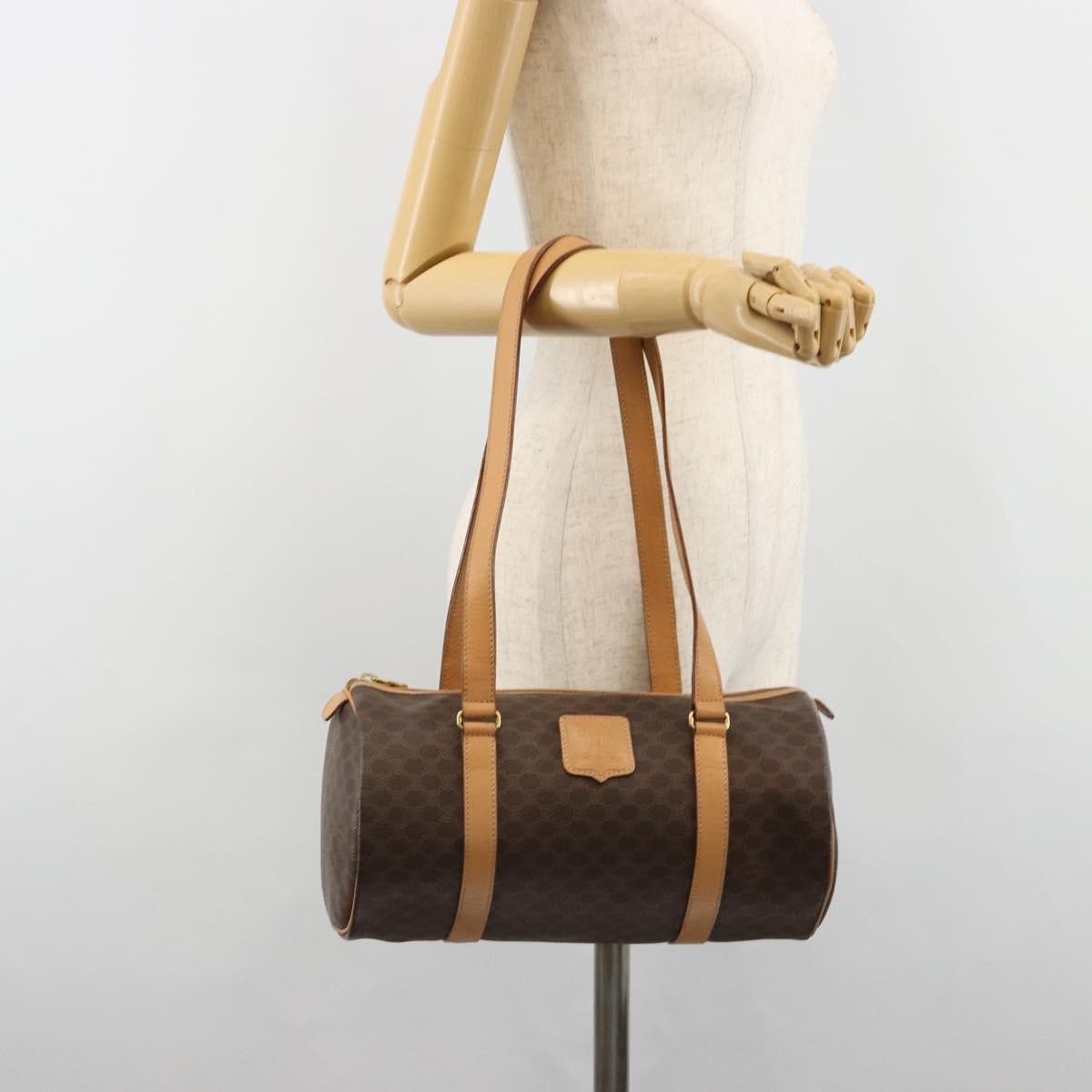 Celine Vintage Barrel Macadam Canvas & Leather, Brown, PVC, Handbag
