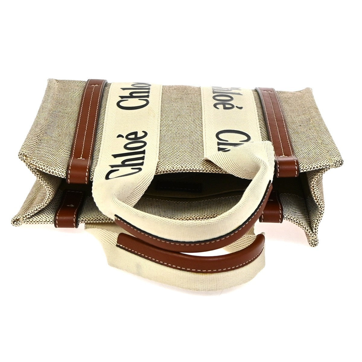 Chloe Woody Leather, Beige, Canvas, Tote Bag