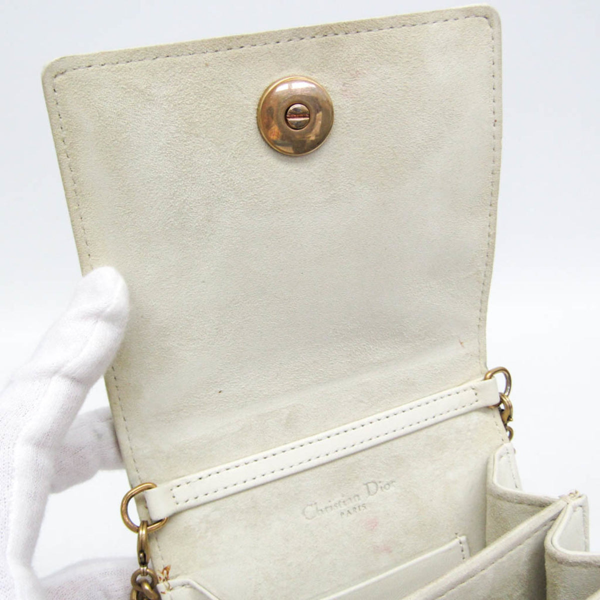 Christian Dior Diorama Vertical Clutch on Chain Studded Leather, White, Leather, Clutch