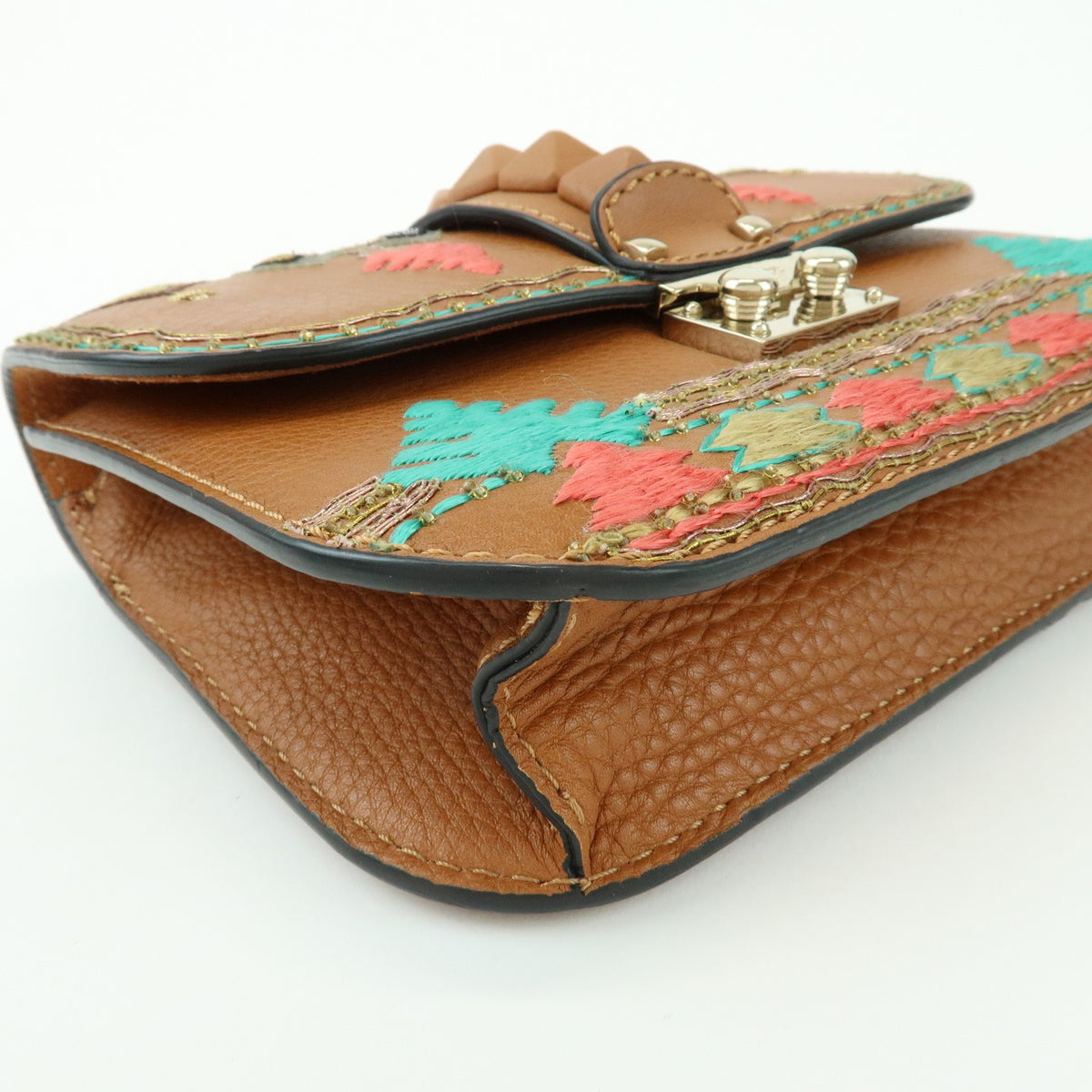 Valentino Garavani Glam Lock Leather, Brown, Leather, Shoulder Bag