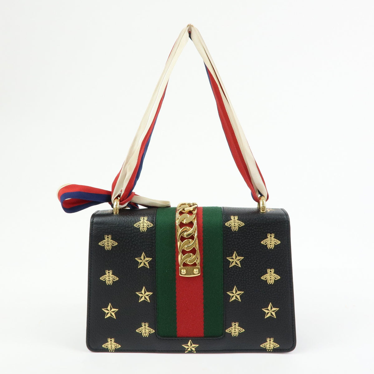 Gucci Sylvie Printed Leather, Black, Leather, Shoulder Bag