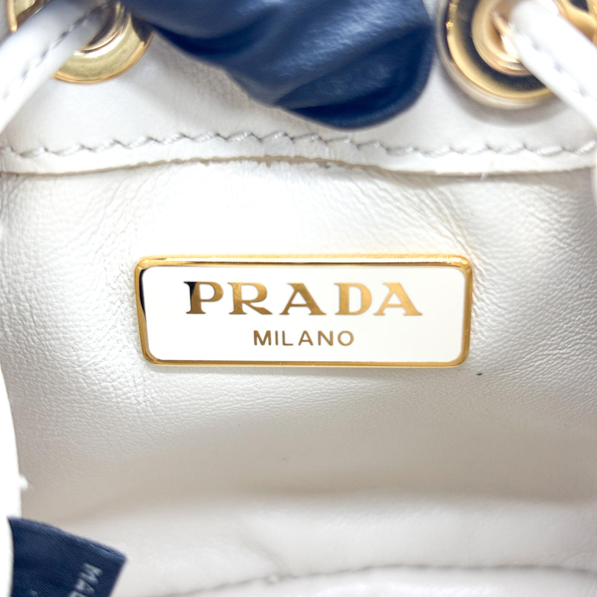 Prada Triangle Logo Drawstring Pouch Bucket Patent, Beige, Patent Leather, Clutch