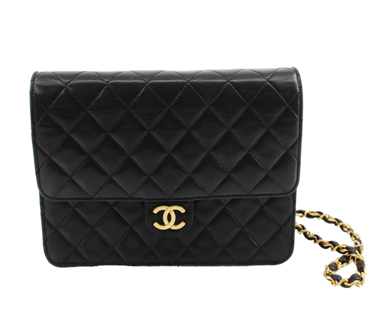 Chanel Chain Flap Shoulder Bag Quilted Lambskin, BLACK, LEATHER, Shoulder bag