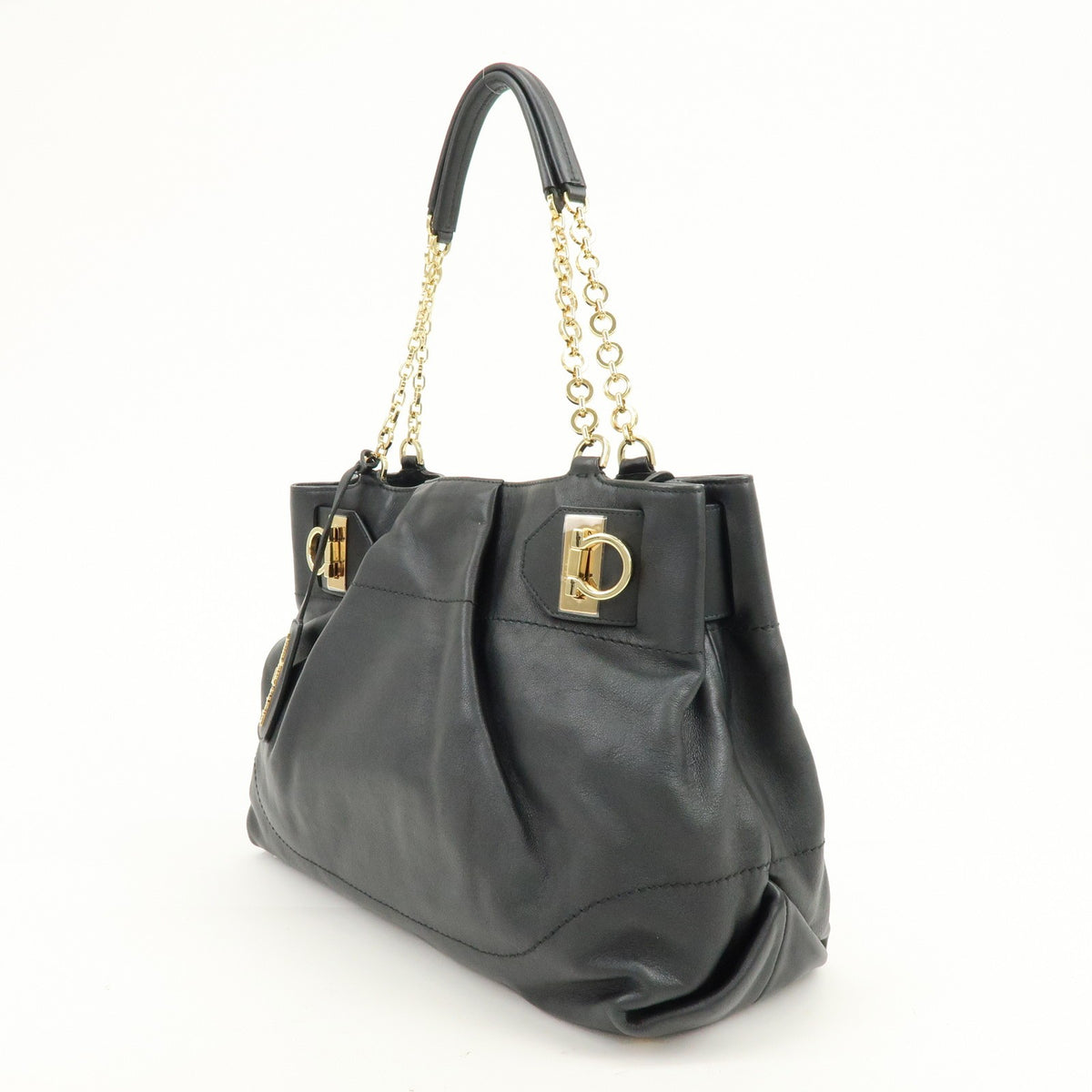 Salvatore Ferragamo W Chain Leather, Black, Leather, Tote Bag