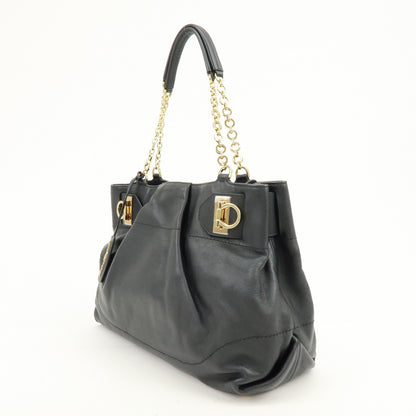 Salvatore Ferragamo W Chain Leather, Black, Leather, Tote Bag