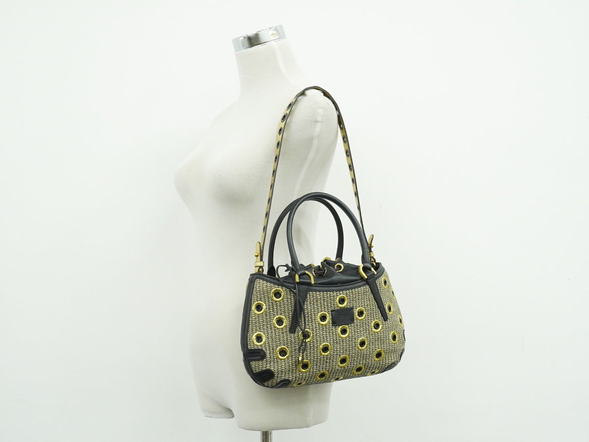 Fendi B. Fab Convertible Tote Grommet Embellished Raffia, Beige, Leather, Handbag