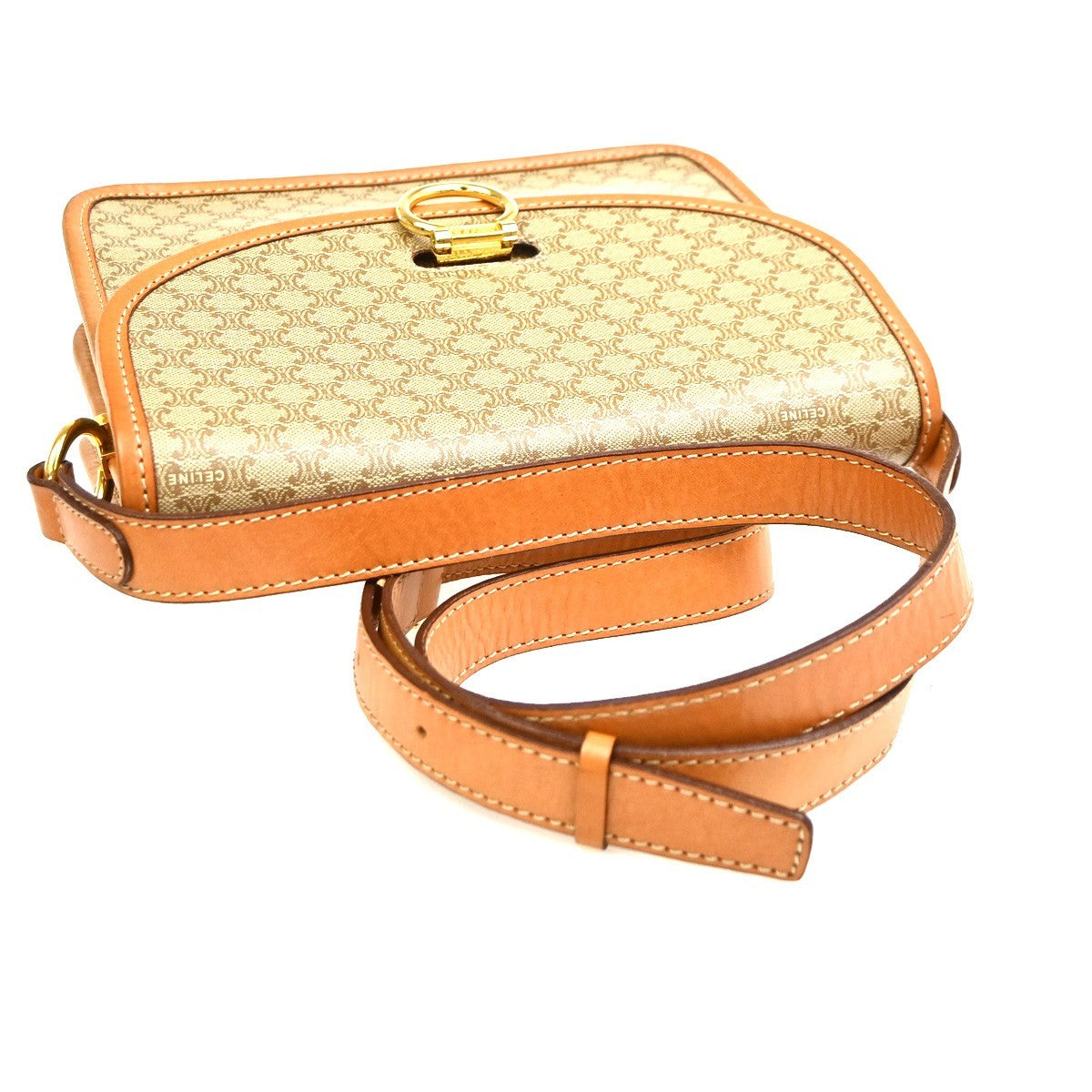 Celine Vintage Macadam Circle Logo Canvas and Leather, Beige, PVC, Shoulder Bag