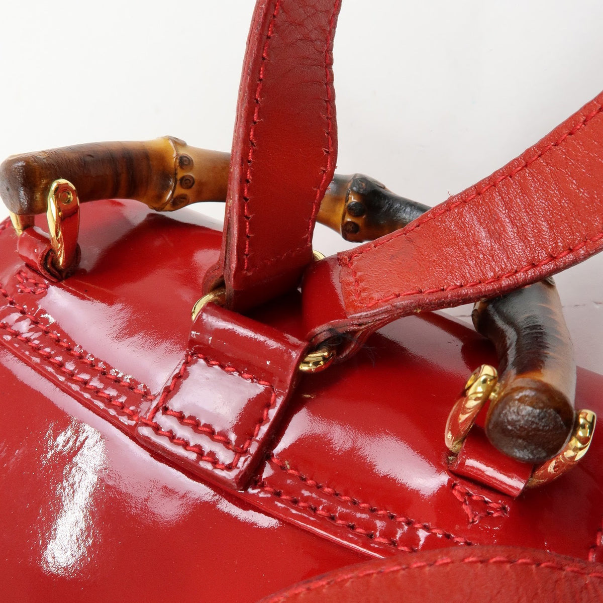 Gucci Vintage Bamboo Patent, Red, Patent Leather, Backpack