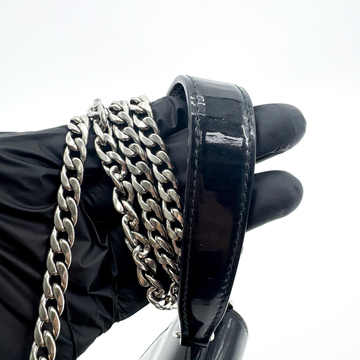 Miu Miu My Logo Chain Patent, Black, Patent Leather, Crossbody Bag