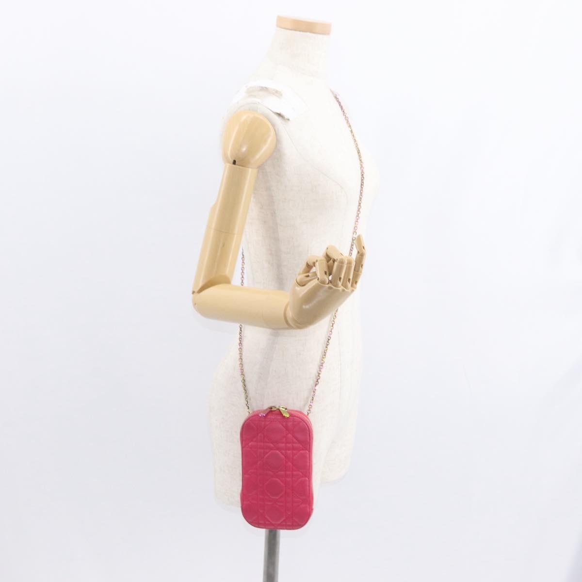 Christian Dior Lady Dior Phone Holder on Chain Cannage Quilt Lambskin, Pink, Leather, Clutch
