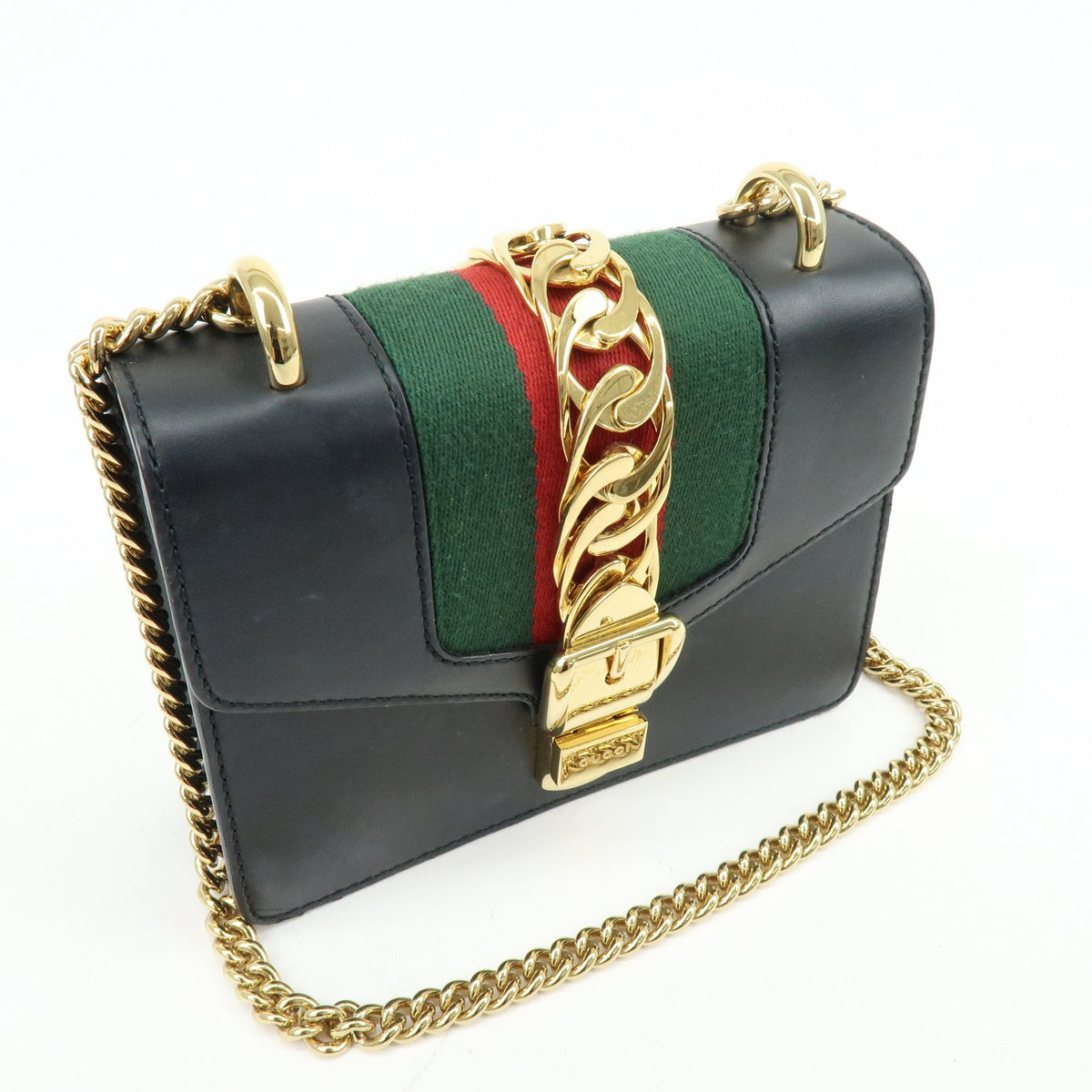Gucci Sylvie Chain Leather, Black, Leather, Shoulder Bag