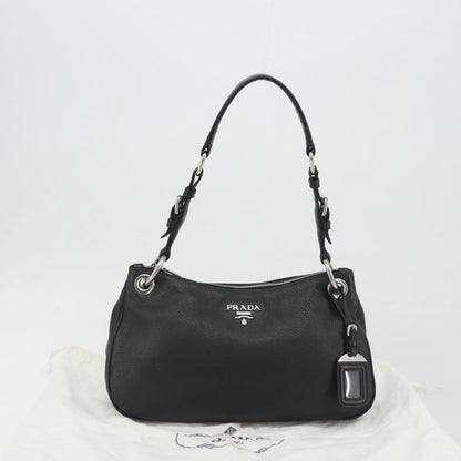 Prada Vitellino Mordo Hobo Leather, Black, Leather, Shoulder Bag