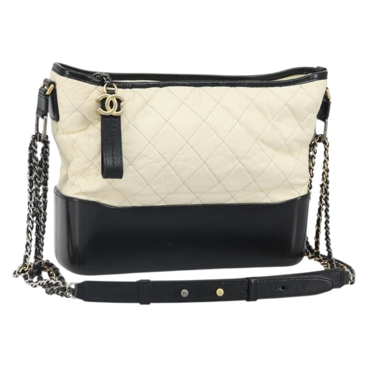 Chanel Bicolor Gabrielle Hobo Quilted Aged Calfskin, White, Leather, Shoulder Bag