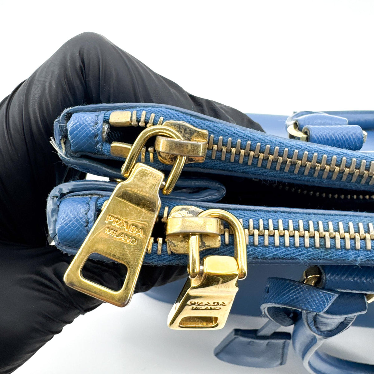 Prada Double Zip Lux Saffiano Leather, Blue, Leather, Tote Bag