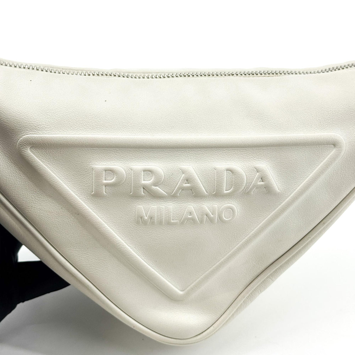 Prada Triangle Logo Zip Leather, White, Leather, Crossbody Bag