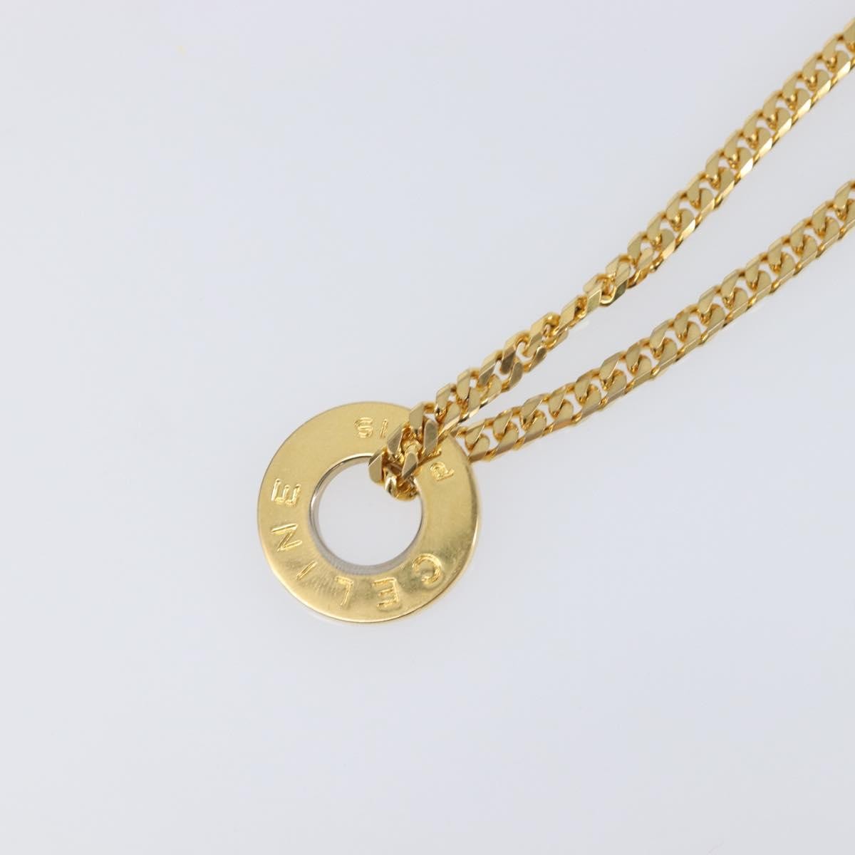 Celine Vintage Logo Circle Pendant Metal, Gold, Metal, Necklace