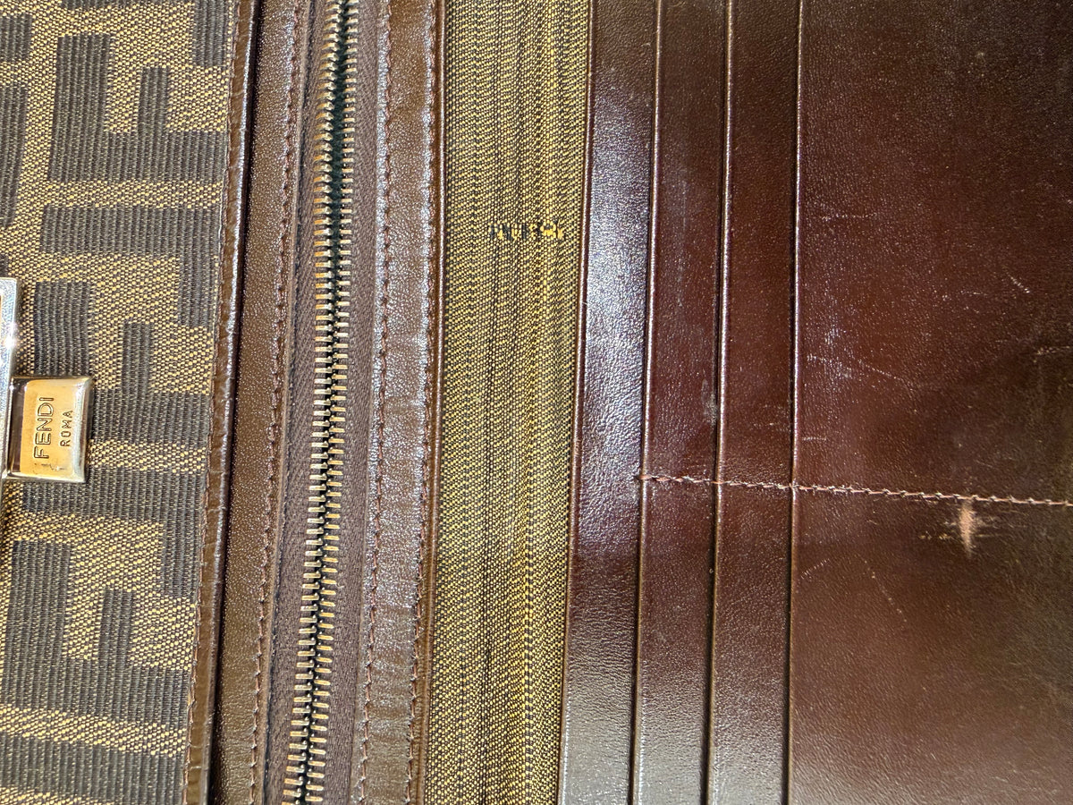 Fendi Baguette Continental Zucca Embossed Leather, Brown, Canvas, Wallet