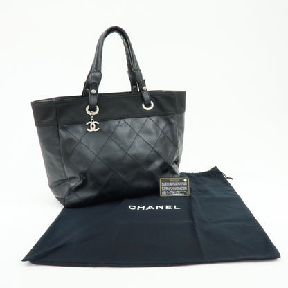Chanel Biarritz Quilted Coated Canvas, Black, Leather, Tote Bag